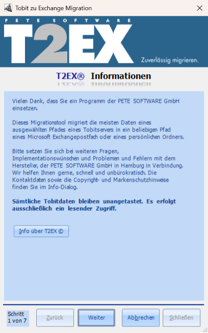 Info-Seite des Assistenten: Sämtliche Tobitdaten bleiben unangetastet, es erfolgt ausschließlich ein lesender Zugriff