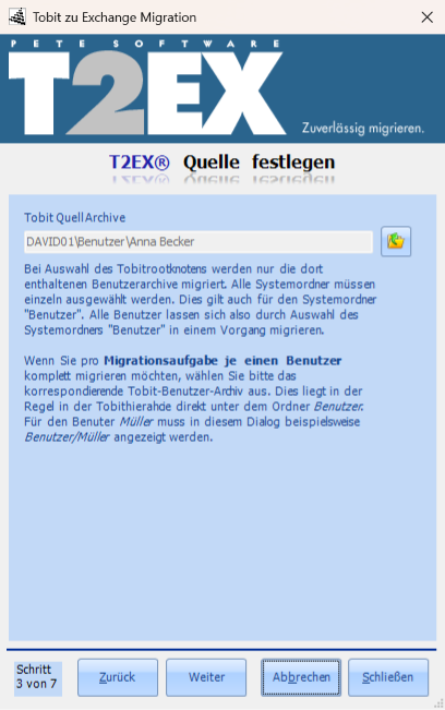 Aufgaben-Assistent, Schritt Quelle festlegen: Tobit-Quellarchiv eines Benutzers
