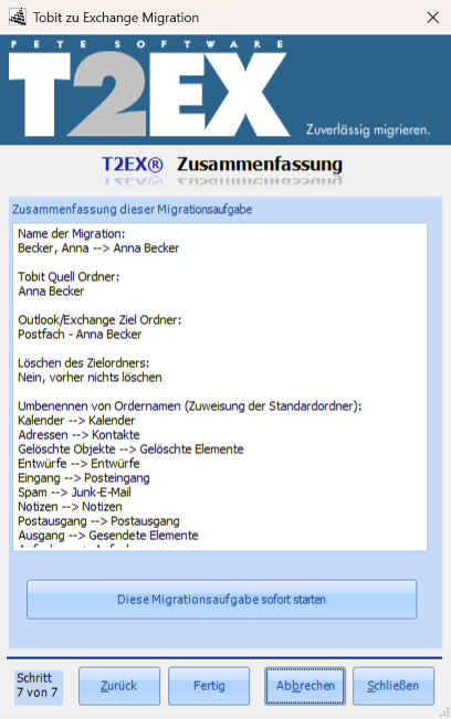 Zusammenfassung einer Migrationsaufgabe mit Quelle, Ziel und Ordnerumbenennungen