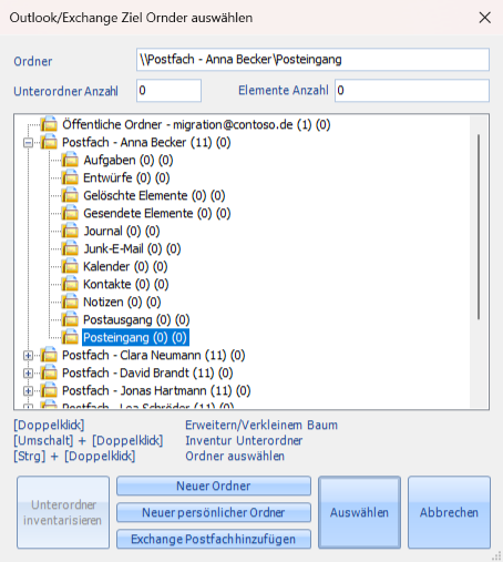 Auswahl des Outlook/Exchange-Zielordners mit Postfächern und Unterordnern