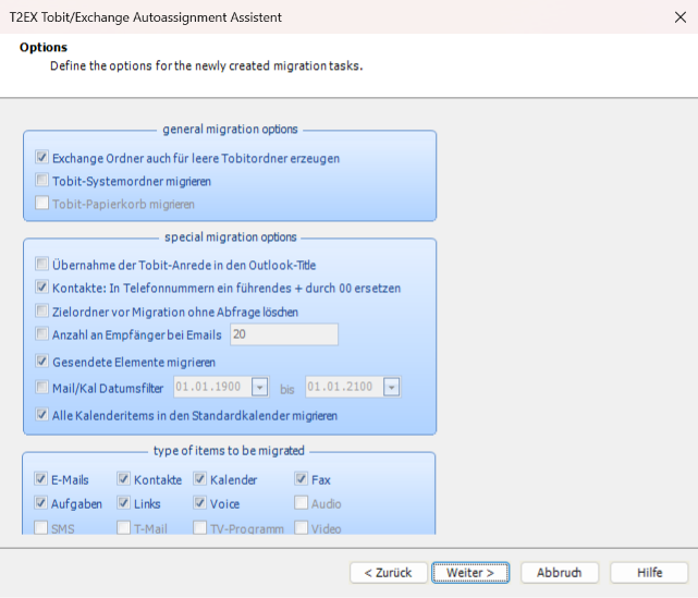 Migrationsoptionen: Elementtypen, Datumsfilter, Empfängerlimit und weitere Optionen